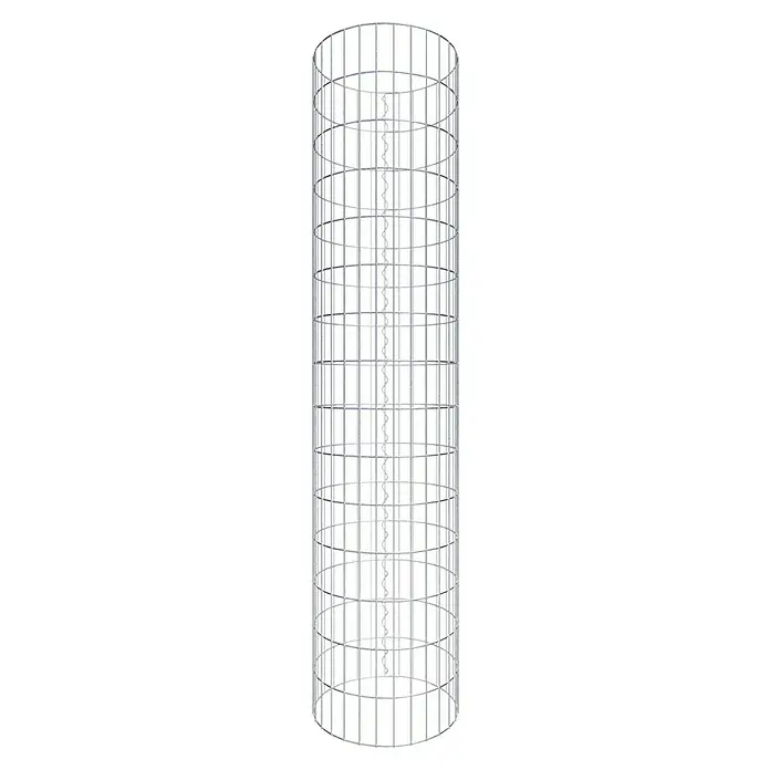 Gabiona Gabionensäule - Durchmesser: 47 cm, Höhe: 150 cm, Stahl, Maschenbreite: 50 mm, Maschenhöhe: 100 mm - Das Bild zeigt ein Gitterrohr mit einer spiralförmigen Struktur im Inneren, ideal für industrielle Anwendungen oder als architektonisches Element.