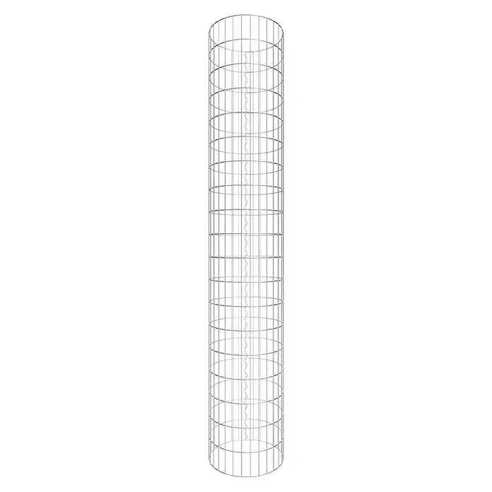 Gabiona Gabionensäule - Durchmesser: 47 cm, Höhe: 190 cm, Stahl, Maschenbreite: 50 mm, Maschenhöhe: 100 mm - Ein detailliertes Bild eines zylindrischen Gitterturms mit spiralförmigem Treppendetail im Inneren. Das Licht reflektiert auf dem Metallrahmen.