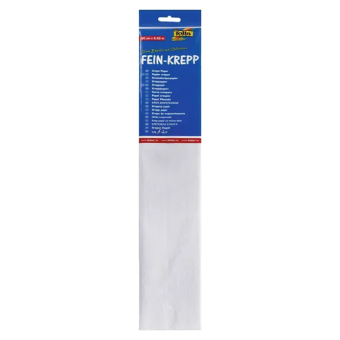 Krepppapier - Weiß, 2,5 m x 50 cm - Abbildung einer Packung weißes Krepppapier der Marke Folia mit einer Größe von 50 cm x 2,50 m.