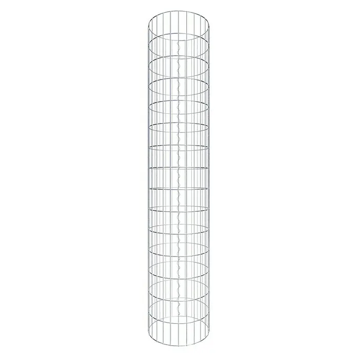 Gabiona Gabionensäule - Durchmesser: 42 cm, Höhe: 150 cm, Stahl, Maschenbreite: 50 mm, Maschenhöhe: 100 mm - Metallstruktur mit zylindrischer Form und einer Kette in der Mitte, die vertikal verläuft. Das silberne Material reflektiert das Licht.