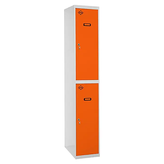Simonrack Simonlocker Taquilla Tandem Inicial Desmontada - L x An x Al: 50 x 30 x 180 cm, Número de puertas: 2 ud., Gris/Naranja - Taquilla naranja de dos pisos con marco blanco, con ranuras de ventilación y cerradura con llave.