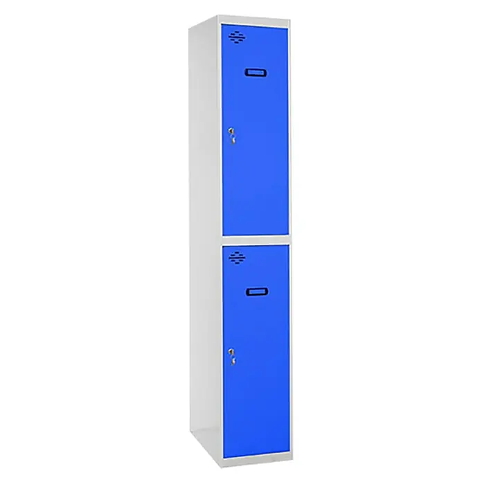 Simonrack Simonlocker Taquilla Tandem Inicial Desmontada - L x An x Al: 50 x 40 x 180 cm, Número de puertas: 2 ud., Gris/Azul - Un armario metálico azul de dos niveles con ranuras de ventilación y orificios para llaves en un marco neutro.