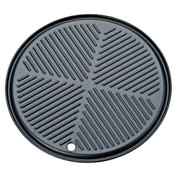 Grillplatte - Durchmesser: 30,5 cm - Abbildung einer runden Grillplatte mit Rillenmuster und einer kleinen Öffnung am Rand, ideal zum Grillen von Speisen.
