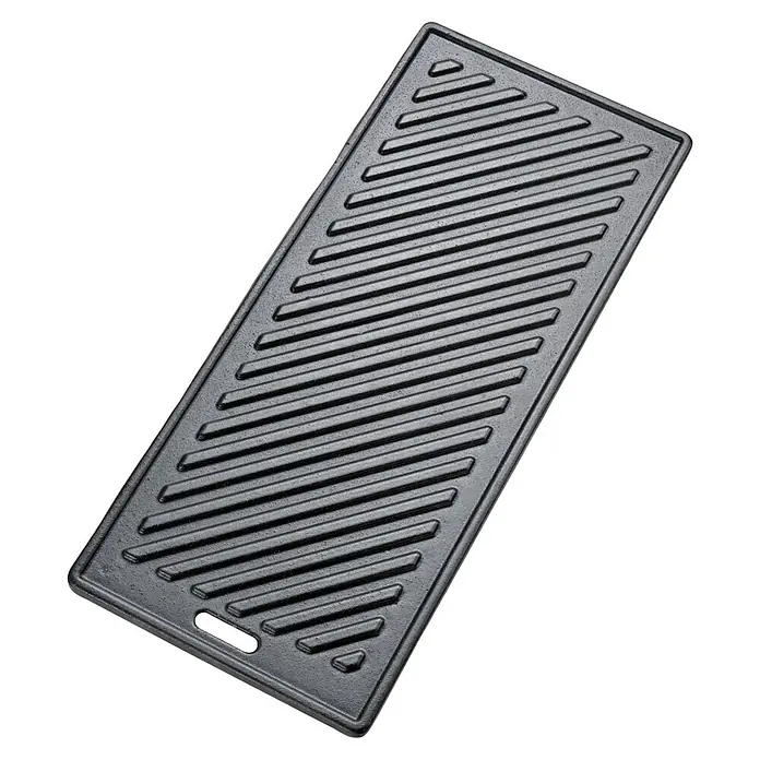 Grillplatte Cliff - L x B: 45 x 19,5 cm, Gusseisen - Eine schwarze, rechteckige Grillplatte aus Gusseisen mit erhöhten Grillrippen, ideal für die Zubereitung von Speisen mit Grillmuster.