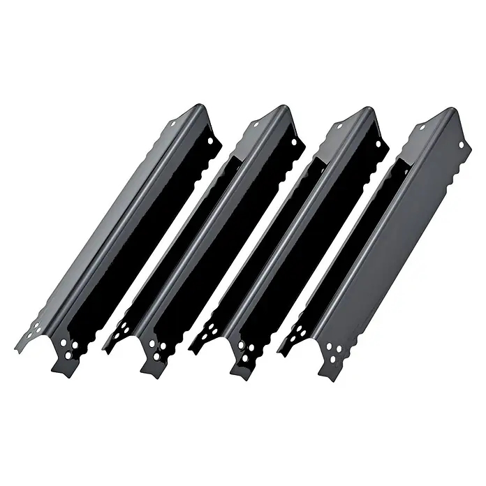Flammenschutz Cliff - Passend für: Kingstone Gasgrills Cliff 350 / 350-1 / 350-1 ES / 450 / 450-1 / 455-1 ES / 650-1 / 655-2 / 605-2 Built-In - Nahaufnahme von vier neuen, schwarzen Grill-Aromaschienen, die robust und langlebig sind. Geeignet für Grills verschiedener Größen.