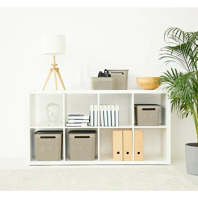 Rotho Aufbewahrungsbox Brisen - L x B x H: 26,2 x 18 x 13 cm, Kunststoff, Cappuccino - Aufbewahrungslösung mit weißen Regalen, Körben und dekorativen Elementen, die stilvolle Ordnung bietet.