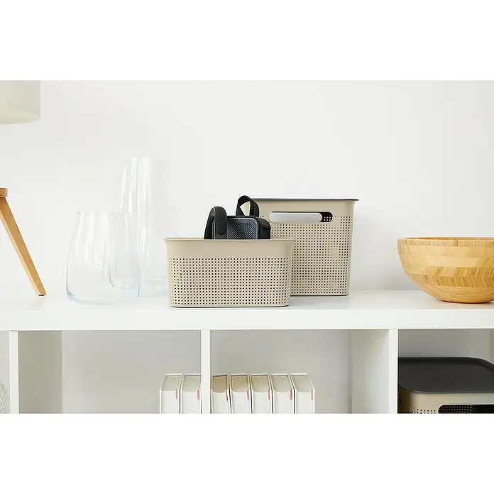 Rotho Aufbewahrungsbox Brisen - L x B x H: 26,2 x 18 x 13 cm, Kunststoff, Cappuccino - Diese Aufnahme zeigt zwei stilvolle Korbbehälter in einer Wohnungseinrichtung. Die Körbe sind beige mit einem dunkleren Deckel und Griffen.