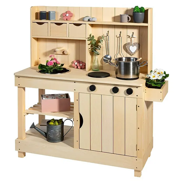 Muddy Buddy Matschküche Explorer102 x 40 x 105 cm, Holz, Natur - Eine hölzerne Spielküche mit Ablageflächen, Herdplatten, Spüle und Zubehör, ideal für fantasievolles Spielen im Kinderzimmer.