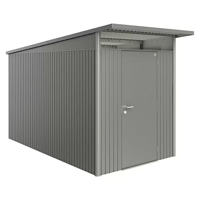 Biohort AvantGarde Gerätehaus AvantGarde A4 - Außenmaß inkl. Dachüberstand (B x T): 180 x 380 cm, Stahl, Quarzgrau Metallic, Einzeltür - Diagonale Ansicht