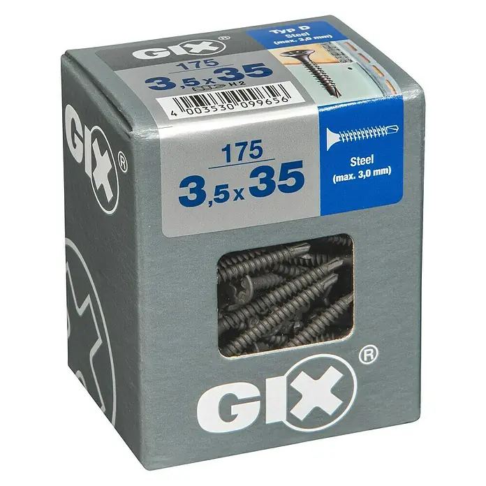 Spax Trockenbauschraube GIX D - Ø x L: 3,5 x 35 mm, Trompetenkopf, 175 Stk. - Bild einer grauen GIX Schraubenbox mit 175 Stk. 3,5x35 mm Schrauben, ideal für Stahl bis 3,0 mm Stärke.