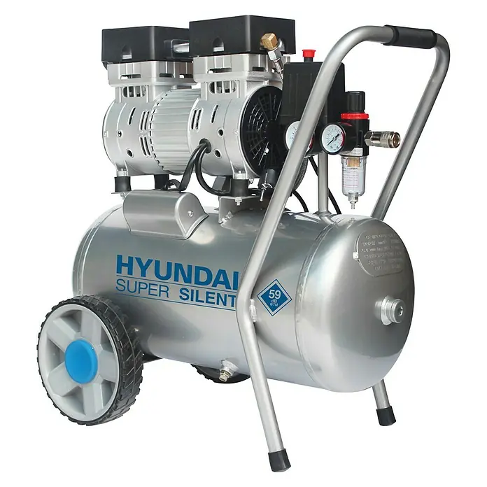 Hyundai Flüsterkompressor SAC55752 - Max. Druck: 8 bar, 24 l - Hyundai Super Silent Kompressor mit Rollen und Griff für einfachen Transport. Ideal für leise Anwendungen.