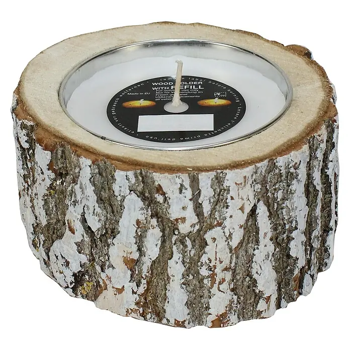 Outdoor-Kerze Holzkerzenhalter - Ø x H: 16 x 7,5 cm, Antik Weiß - Ein Teelichthalter aus einem Baumstamm mit Metalleinsatz und weißem Teelicht. Rustikale Dekoration für gemütliche Stunden.