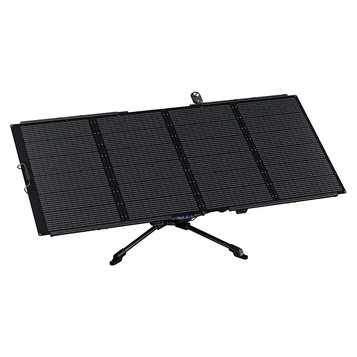 EcoFlow Panel solar y rastreador solar - L x An x Al: 2,5 x 1,5 x 1,5 m, Específico para: Montar paneles solares con tecnología de seguimiento continuo EcoFlow - La imagen muestra un sistema de paneles solares portátil, con varios paneles, colocado sobre un trípode. Ideal para soluciones de energía fuera de la red.