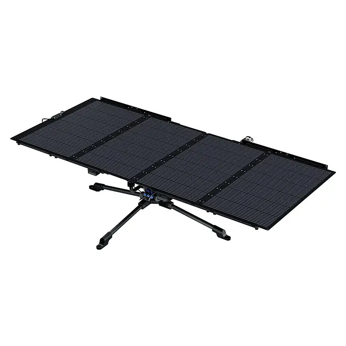 EcoFlow Panel solar y rastreador solar - L x An x Al: 2,5 x 1,5 x 1,5 m, Específico para: Montar paneles solares con tecnología de seguimiento continuo EcoFlow - La imagen muestra un arreglo solar de cuatro paneles con soporte, ideal para energía fuera de red y uso móvil.