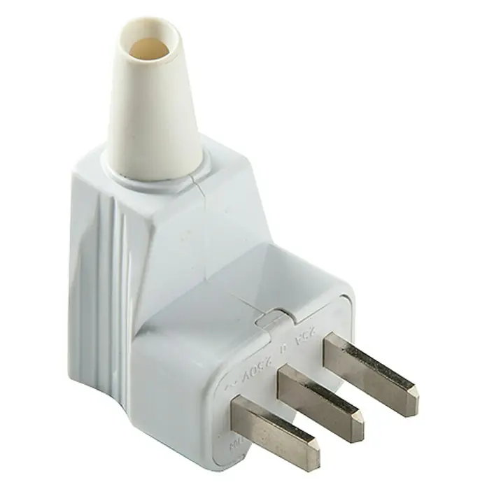 Famatel Clavija - Blanco, PVC - Primer plano de un enchufe suizo con tres clavijas y un orificio redondo. La carcasa es blanca y de plástico.