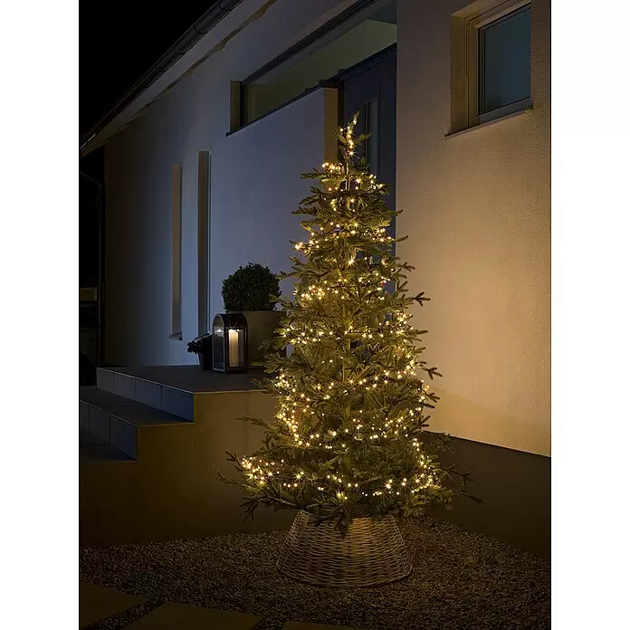 Konstsmide LED-Lichterkette Gefrostet - Außen, Lichtfarbe: Bernstein, Anzahl Leuchtmittel: 800 Stk., Netzbetrieben - Ein Outdoor-Weihnachtsbaum, dekoriert mit warmweißen Lichterketten, in einem Weidenkorb vor einem Hauseingang bei Nacht.