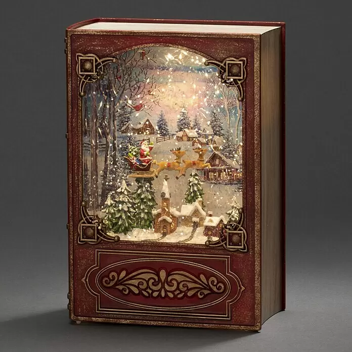 Konstsmide LED-Weihnachtsdekofigur Buch - 13,5 x 19,3 cm - Rote, goldverzierte Buchdekoration mit beleuchteter Weihnachtswinterlandschaft, Weihnachtsmann, Rentieren und Häusern.