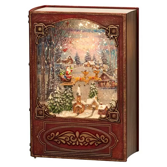 Konstsmide LED-Weihnachtsdekofigur Buch - 13,5 x 19,3 cm - Rötlich-braunes Deko-Buch mit Goldakzenten, innen beleuchtetes Weihnachts-Winterwunderland-Diorama mit Weihnachtsmann, Rentieren und verschneitem Dorf.