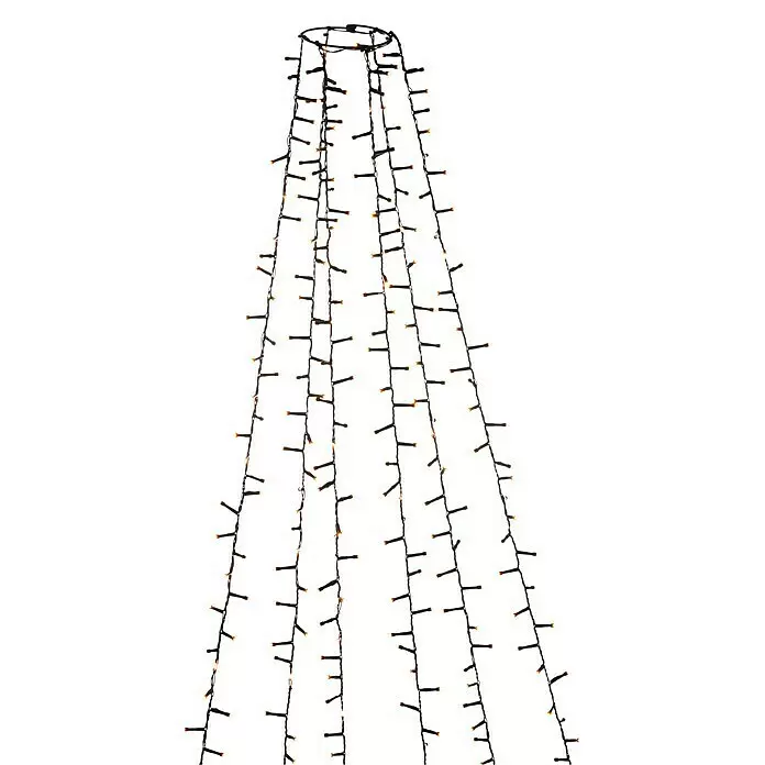 Konstsmide Baummantel - Außen, 2,4 m, 6 Stränge à 110 gefrostete bernsteinfarbene LEDs, Anzahl Leuchtmittel: 660 Stk., Lichtfarbe: Bernstein - Schwarze Lichterkette mit warmweißen LEDs, konisch angeordnet als Baumform, von einem runden Rahmen hängend.