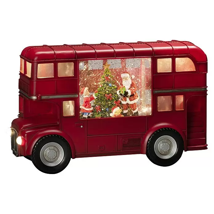 Konstsmide LED-Weihnachtsdekofigur Bus - 29,5 x 18,5 cm - Rote Doppeldeckerbus-Weihnachtsdeko mit beleuchteter Schneekugel-Szene: Weihnachtsmann, Kind, Weihnachtsbaum.