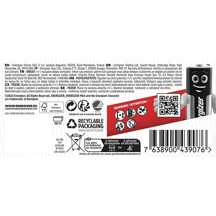 Energizer Max Alkaline-Batterie - Mignon AA, Alkali-Mangan, 24 Stk. - Bild zeigt die Rückseite einer Energizer-Batteriepackung mit Recyclinghinweisen.