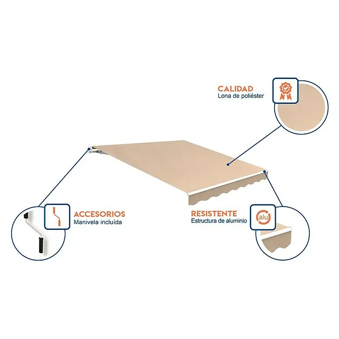 SmartSun Toldo de brazos extensibles Easy Lite - Beige arena, Ancho: 4 m, Caída: 2,5 m - Imagen de un toldo extensible con marcas que resaltan la calidad, los accesorios y la estructura de aluminio resistente.