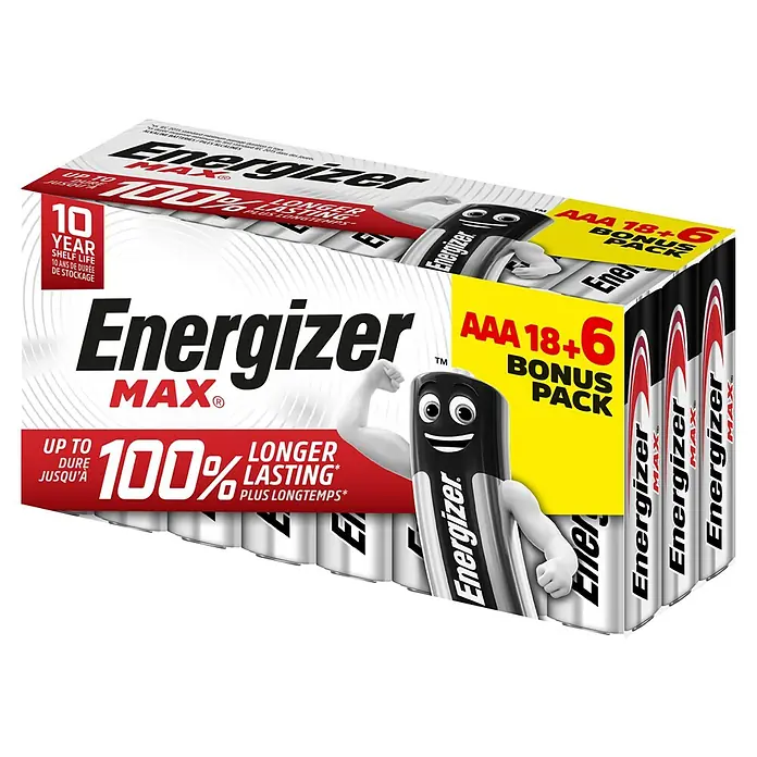 Energizer Max Batterie - Micro AAA, 1,5 V, Alkali-Mangan, 24 Stk. - Abbildung einer Packung Energizer Max AAA-Batterien, die für ihre lange Lebensdauer und ihre Bonuspackung mit zusätzlichen Batterien bekannt sind.