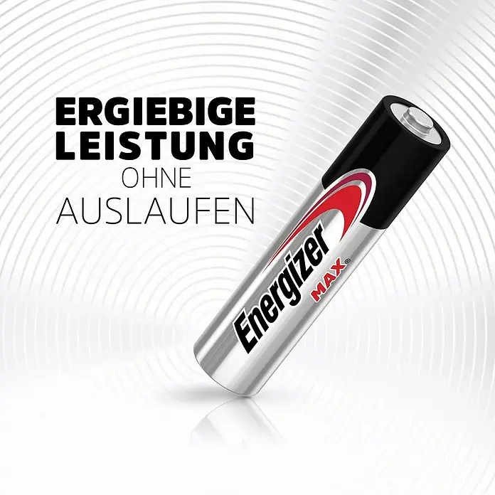 Energizer Max Batterie - Micro AAA, 1,5 V, Alkali-Mangan, 20 Stk. - Energizer Max Batterie: Zu sehen ist eine Energizer Max Batterie mit der Aufschrift "Ergiebige Leistung ohne Auslaufen".