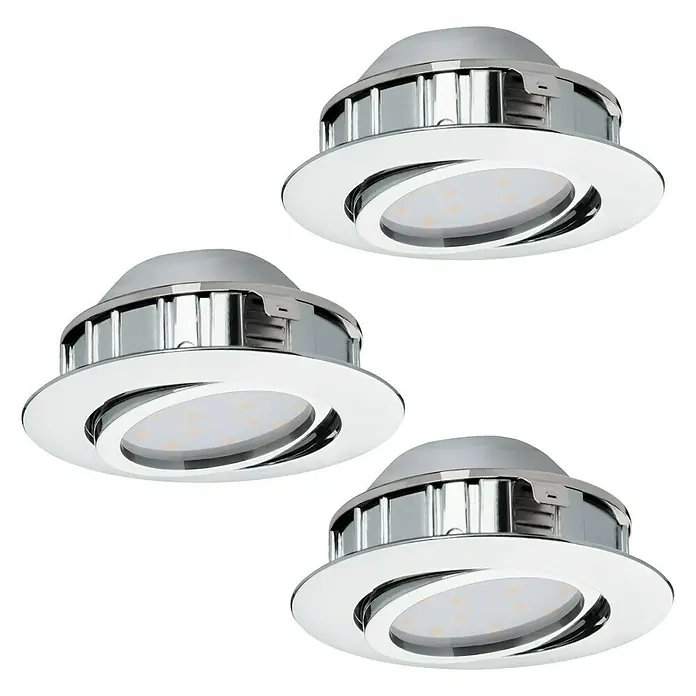Eglo LED-Einbauleuchten-Set Pineda - 6 W, L x B x H: 8,4 x 8,4 x 4 cm, Chrom, 3 Stk., Warmweiß - Drei runde LED-Einbauleuchten mit Chromrahmen vor einem schwarzen Hintergrund.