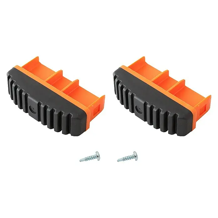 Krause Fußstopfen - Passend für: Holmgröße 97 x 25 mm, 1 Stk. - Nahaufnahme von zwei orangefarbenen und schwarzen Gleitschienen mit zwei Schrauben für verbesserte Stabilität und sicheren Halt.