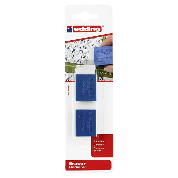 Edding Radiergummi - 2 Stk. - Packung Edding R20 Radierer, mit zwei blau-weißen Radierern, ideal für präzises und sauberes Ausradieren.