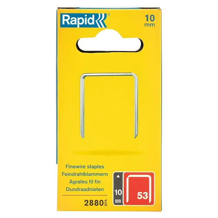 Rapid Feindrahtklammer Typ 53 - Klammertiefe: 10 mm, Rückenbreite: 11,4 mm, 2.880 Stk. - Rapid Feindrahtklammern 10 mm, Packung mit 2880 Stück. Die Klammern sind ideal für leichte Befestigungsarbeiten im Haushalt und Hobbybereich.