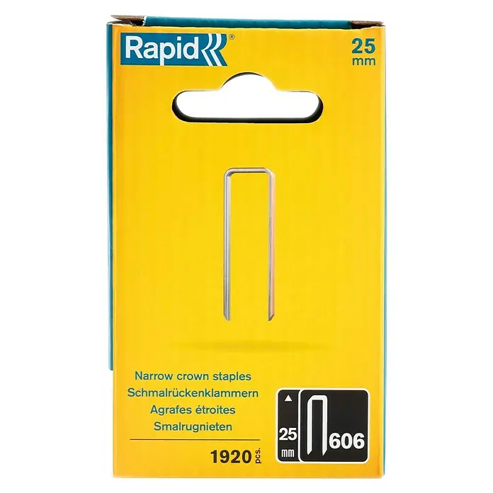 Rapid Schmalrückenklammer - Klammertiefe: 25 mm, Rückenbreite: 6 mm, 1.920 Stk. - Packung Rapid 606 schmalen Heftklammern mit 25 mm Länge, ideal für professionelle Anwendungen und Heimwerkerprojekte.