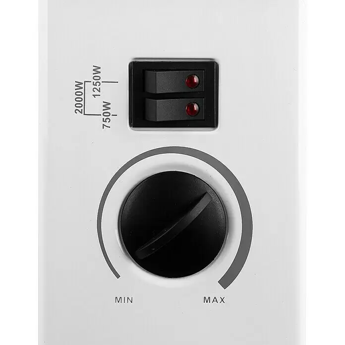 Voltomat HEATING Convector Rombo mini - 2.000 W, Habitaciones de hasta 25 m², Blanco/Negro - Panel de control blanco con dos interruptores negros y luces indicadoras rojas, mostrando ajustes de potencia (750W, 1250W, 2000W) y un dial de termostato negro (Min-Max).