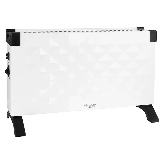 Voltomat HEATING Convector Rombo mini - 2.000 W, Habitaciones de hasta 25 m², Blanco/Negro - Un calentador VoloMat blanco con un dial negro, detalles y pies, colocado sobre una superficie oscura contra un fondo borroso.