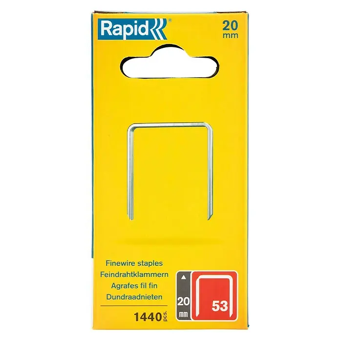 Rapid Feindrahtklammer Typ 53 - Klammertiefe: 20 mm, Rückenbreite: 11,4 mm, 1.440 Stk. - Packung Rapid Feindrahtklammern, Typ 53, 20 mm Länge, 1440 Stück, für vielfältige Anwendungen im Haushalt und Handwerk.