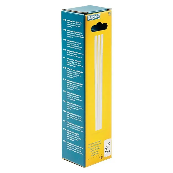 Rapid Klebepatronen Universal - Durchmesser Klebepatrone: 12 mm, Länge Klebepatronen: 190 mm, Anzahl Klebepatronen: 16 Stk. - Packung Rapid Universal-Klebesticks mit 16 transparenten Klebesticks, ideal für verschiedene Anwendungen, bei denen ein klarer Kleber benötigt wird.