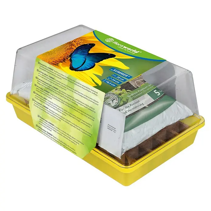 Floraworld Anzucht-Set Summer - L x B x H: 38 x 24 x 18,5 cm - Produktfoto des Flora World "Summer" Anzucht-Sets. Es enthält ein Mini-Gewächshaus, Erde und Sonnenblumensamen für den Start.