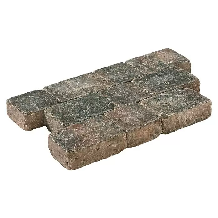Diephaus Pflasterstein Austin - Herbstlaub, 14 x 14 x 7 cm, Rechteckig - Raue, texturierte braune und graue Pflastersteine in versetztem Muster angeordnet.