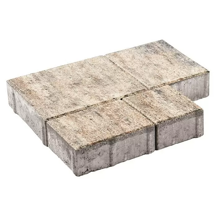 Diephaus Pflasterstein Ventura - Muschelkalk, 19 Stk., Rechteckig - Vier texturierte, beige-graue Pflastersteine, als Musterblock angeordnet.