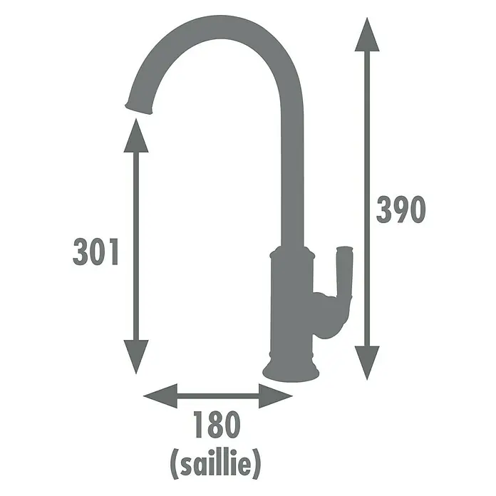 Rousseau Grifo de cocina Tubö - Negro - Ilustración de un grifo de cocina con dimensiones. La altura es de 390 mm y la proyección es de 180 mm.