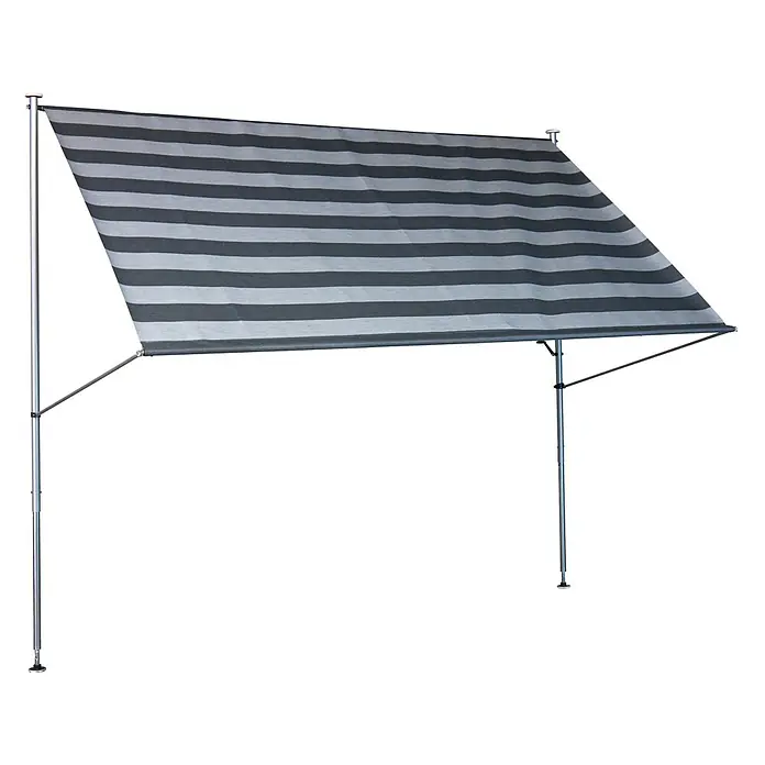 Angerer Klemmmarkise Premium - Dunkelgrau/Hellgrau, Breite: 2 m, Ausfall: 1,7 m - Bild einer freistehenden Markise mit grau gestreiften Stoff und silbernen Gestell, die Schatten spendet.