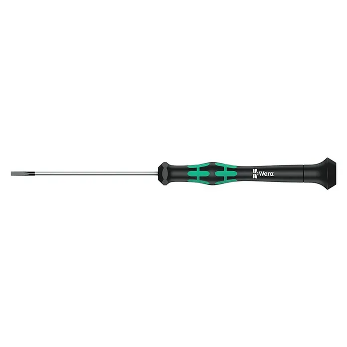 Wera Elektriker-Schraubendreher Kraftform Micro 2035 - Klingenbreite: 2,5 mm, Klingenlänge: 80 mm - Ein Wera Schlitzschraubendreher mit grün-schwarzem Griff, ideal für präzise Schraubarbeiten. Zuverlässig und ergonomisch gestaltet.