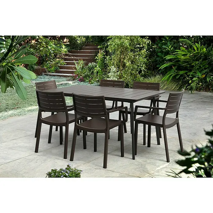 Keter Silla de jardín Metaline - An x Pr x Al: 60 x 53 x 81 cm, Antracita - Elegante juego de jardín con una mesa y seis sillas. El conjunto de muebles marrón se integra perfectamente en el entorno verde e invita a quedarse.