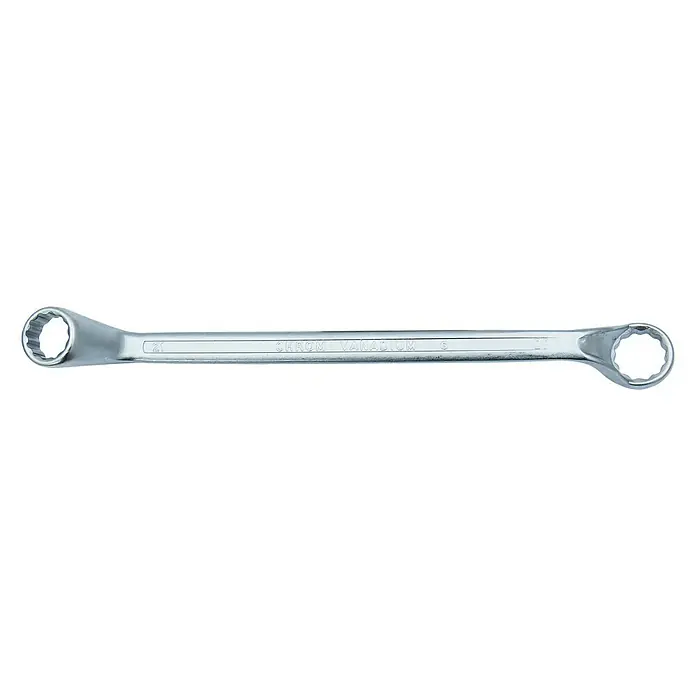 Connex Llave de anillo doble - Ancho de llave: 21 mm - 23 mm - Imagen de una llave de tubo doble hecha de acero al cromo vanadio con diferentes tamaños en cada extremo, una herramienta para mecánicos.