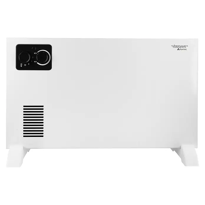 Voltomat HEATING Konvektorheizung CH-127166.1 - 2.000 W, Raumgröße bis ca. 18 m², Weiß - Weißer Heizkörper mit schwarzem Bedienfeld und VOLTOMAT HEATING-Logo für angenehme Wärme.