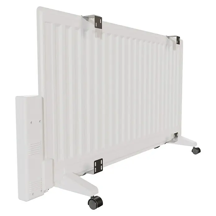 Voltomat HEATING Ölradiator - 1.000 W, Raumgröße bis ca. 10 m², Weiß - Nahaufnahme eines weißen, tragbaren Heizkörpers mit Rollen, der für eine flexible Wärmequelle in jedem Raum sorgt.