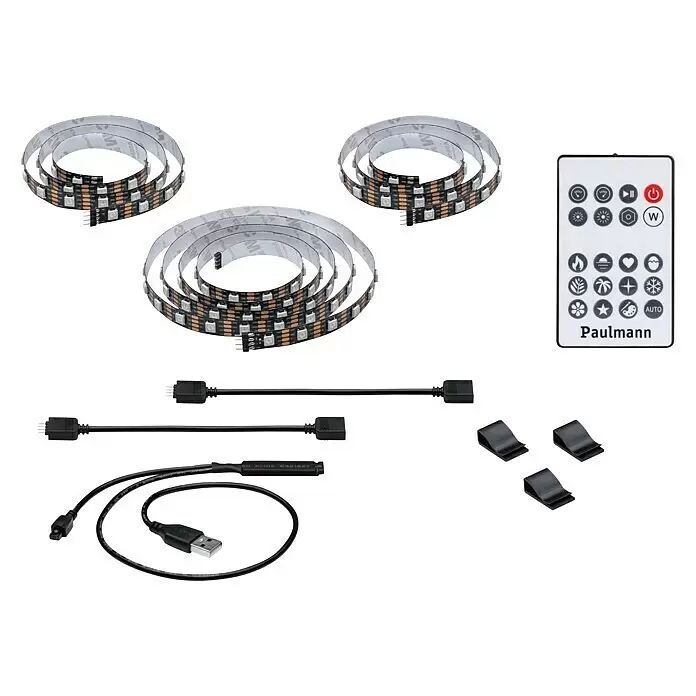 Paulmann Tira LED USB para televisores - Largo: 240 cm, Color de luz: RGB, 4 W - Tres tiras de luces LED enrolladas, cables de conexión negros, un cable USB, un mando a distancia Paulmann blanco y tres clips para cables negros.