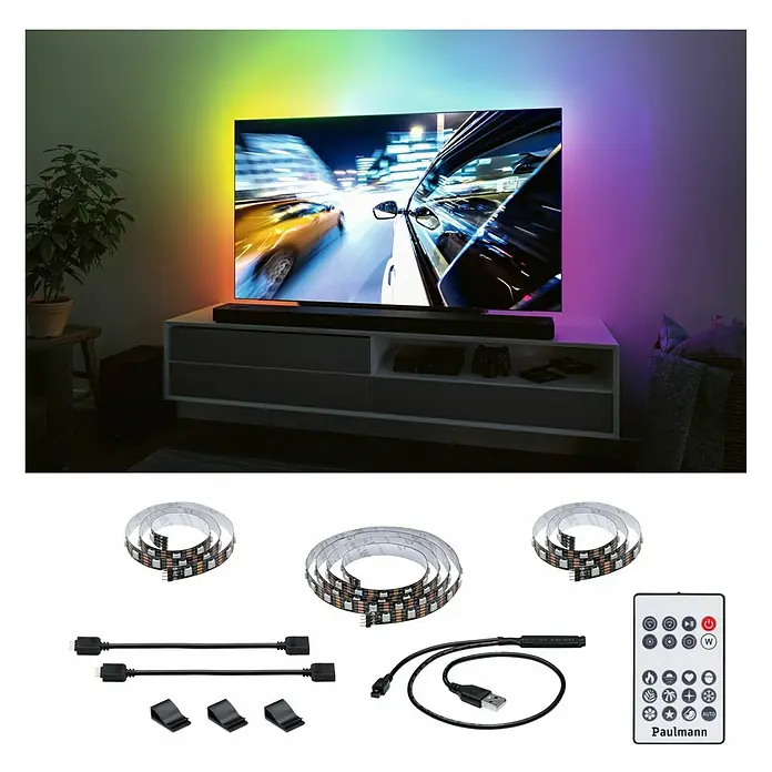 Paulmann LED-Band EntertainLED 55 Zoll - Länge: 200 cm, Lichtfarbe: RGB, 3,5 W - Stimmungsaufhellung mit der Paulmann LED-TV-Hintergrundbeleuchtung! Das Set enthält LED-Streifen, USB-Anschluss und Fernbedienung für einfache Bedienung.