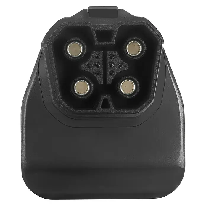 EcoFlow Adapter DELTA Pro auf Smart Generator - Farbe: Schwarz - Nahaufnahme eines schwarzen EV-Ladesteckers mit vier Stiften und mehreren kleinen Löchern.